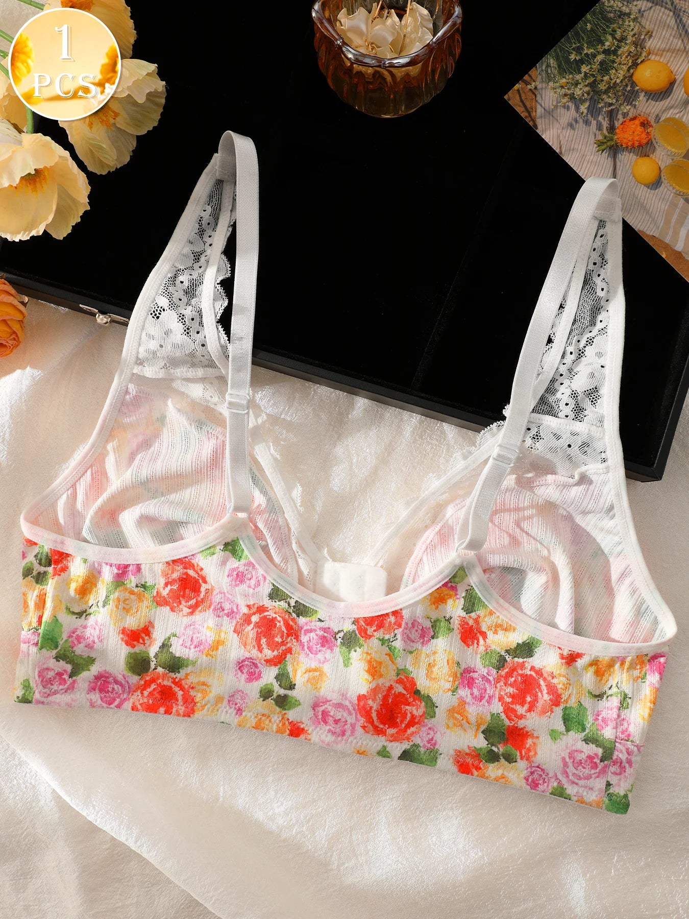 1pc Women's Floral Print Wireless Bra, Lace Trim Adjustable Straps Front Closure Comfort Bralette (S-XXL)