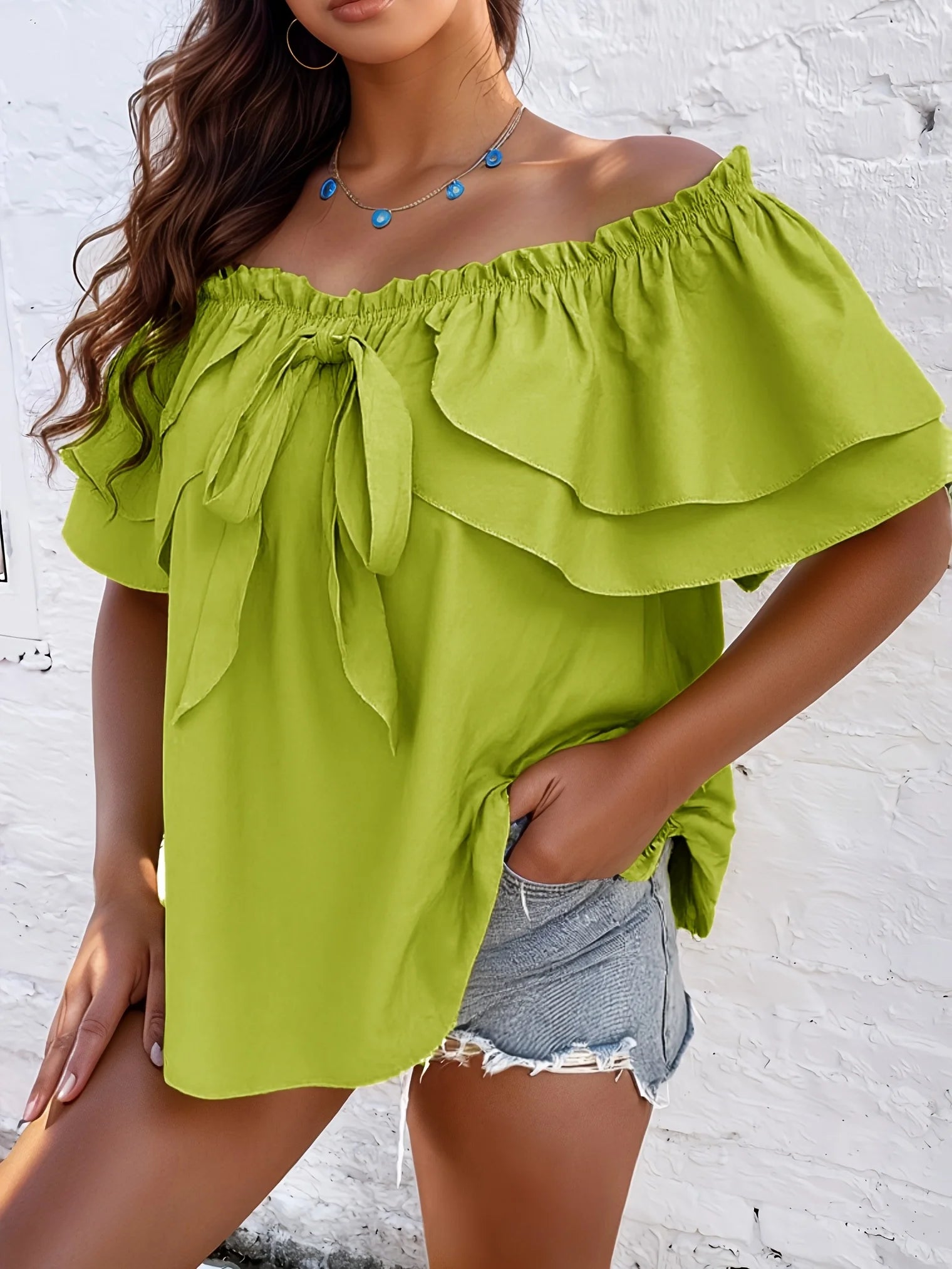 Vacation Shirt for Women Casual Solid Curve Clothing Cute Bownot Shoulderless Tops