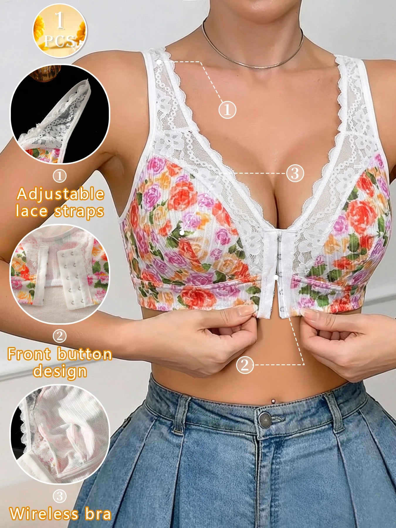 1pc Women's Floral Print Wireless Bra, Lace Trim Adjustable Straps Front Closure Comfort Bralette (S-XXL)