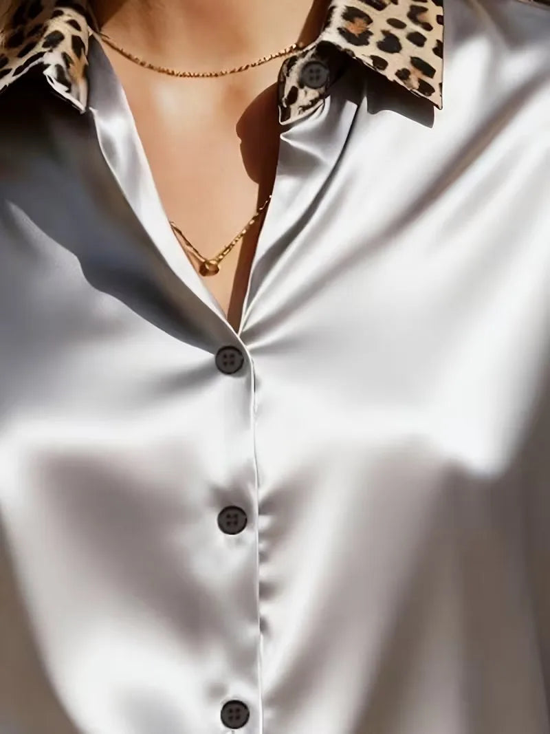 Leopard Collar & Cuff Satin Blouse for Women - White Long Sleeve Button Down Silk-Like Top Office to Evening Chic Shirt blouse