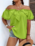Vacation Shirt for Women Casual Solid Curve Clothing Cute Bownot Shoulderless Tops