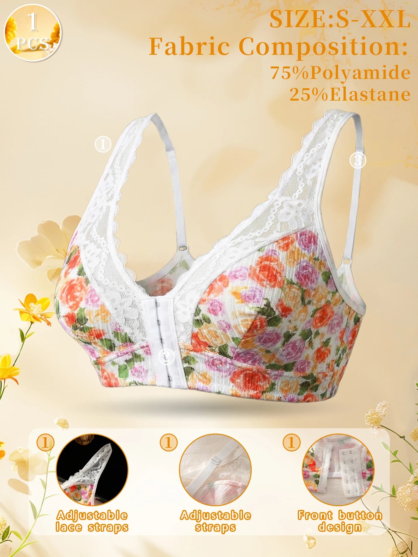1pc Women's Floral Print Wireless Bra, Lace Trim Adjustable Straps Front Closure Comfort Bralette (S-XXL)