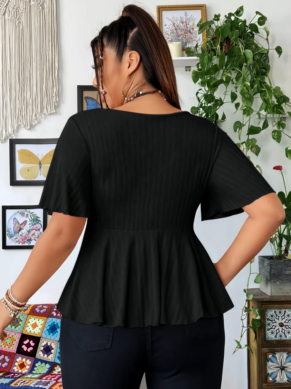 Ribbed Knit Tops Deep V Neck Flutter Sleeve
