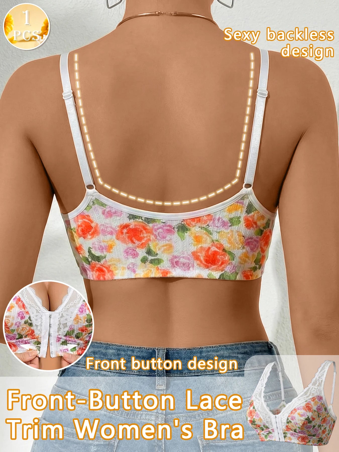 1pc Women's Floral Print Wireless Bra, Lace Trim Adjustable Straps Front Closure Comfort Bralette (S-XXL)