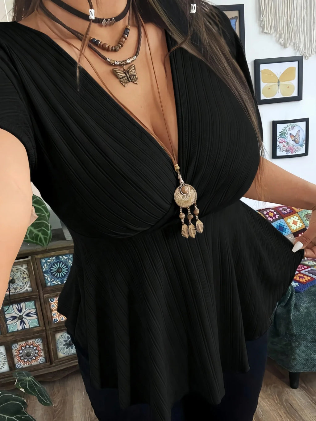 Ribbed Knit Tops Deep V Neck Flutter Sleeve