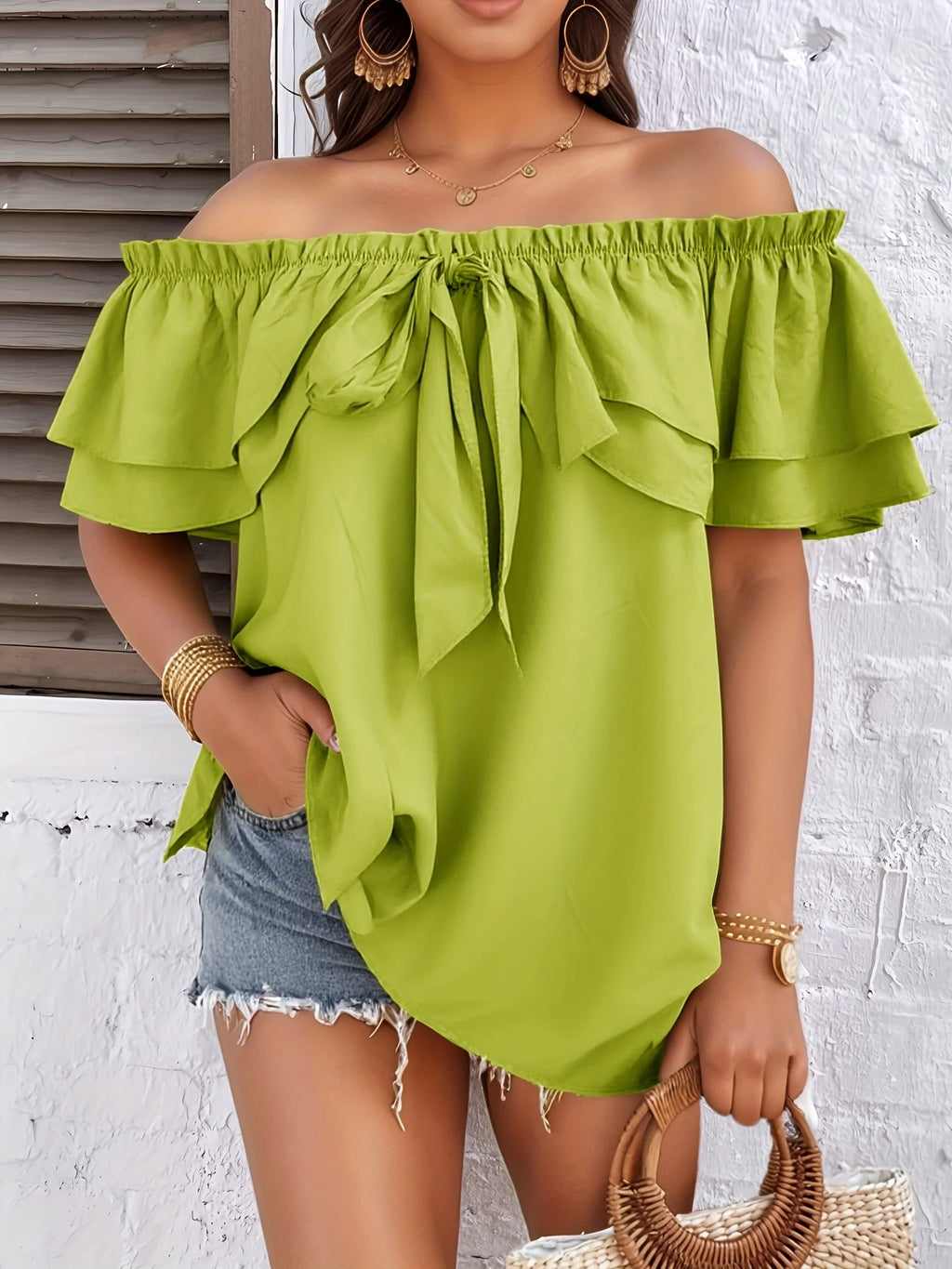 Vacation Shirt for Women Casual Solid Curve Clothing Cute Bownot Shoulderless Tops