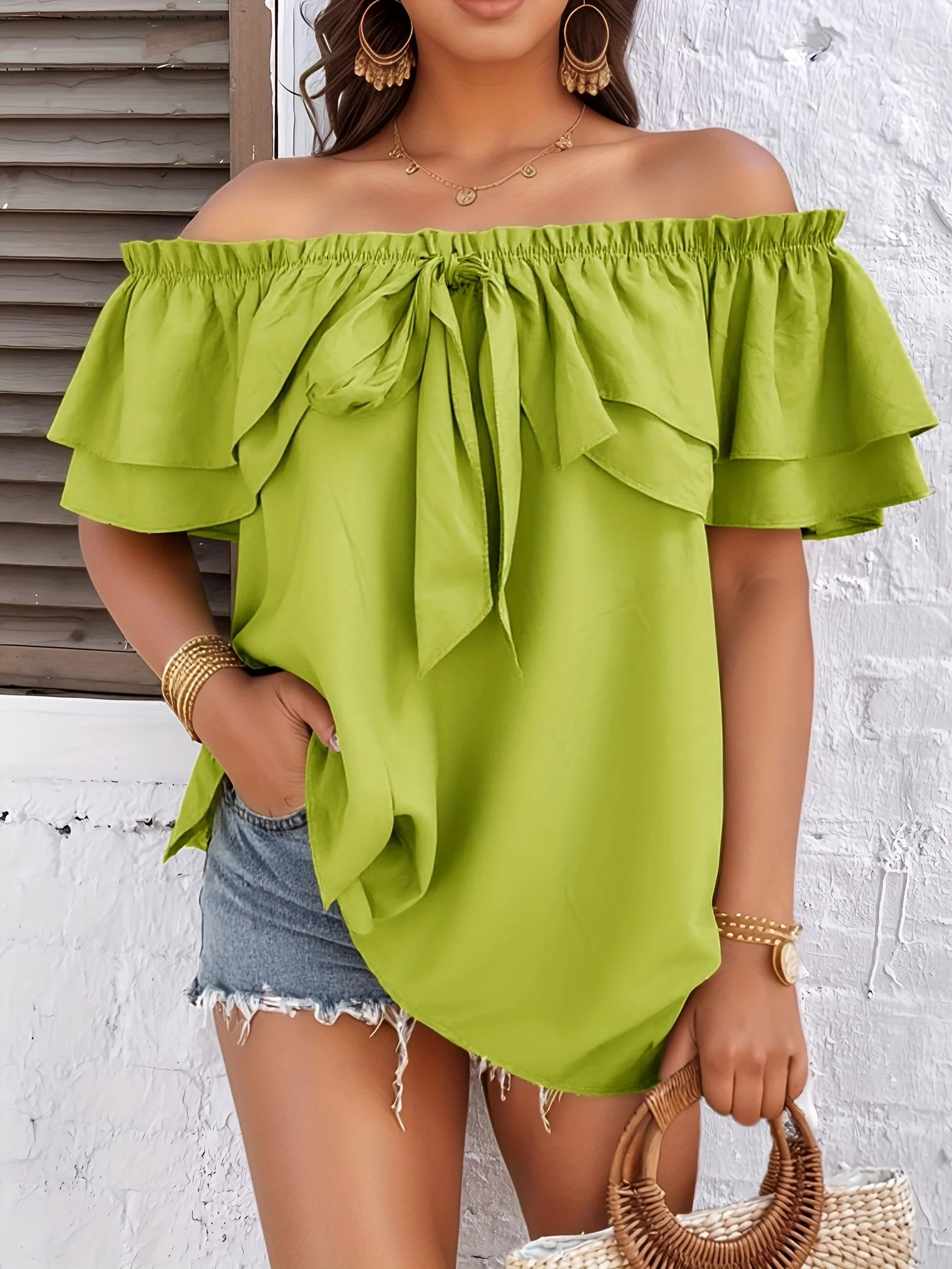 Vacation Shirt for Women Casual Solid Curve Clothing Cute Bownot Shoulderless Tops