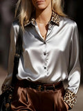 Leopard Collar & Cuff Satin Blouse for Women - White Long Sleeve Button Down Silk-Like Top Office to Evening Chic Shirt blouse