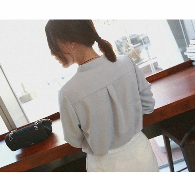 2023 Korean Style Deep V-neck OL Loose Women Tops Summer Long Sleeve White Shirt Office Lady Solid Chiffon Blouse Female 9382 50