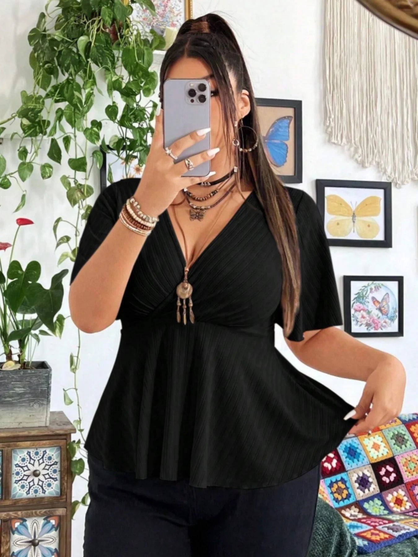 Ribbed Knit Tops Deep V Neck Flutter Sleeve