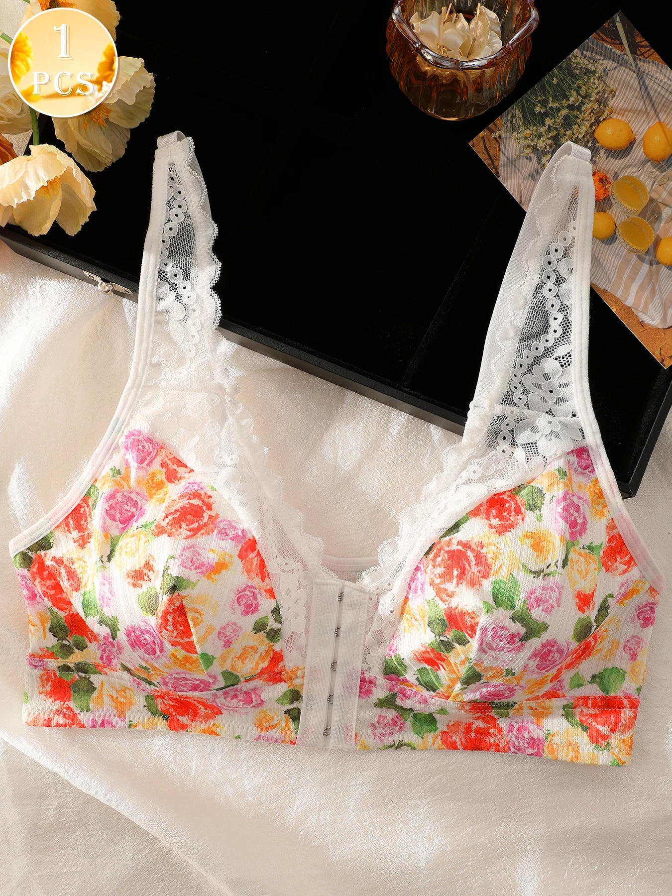 1pc Women's Floral Print Wireless Bra, Lace Trim Adjustable Straps Front Closure Comfort Bralette (S-XXL)