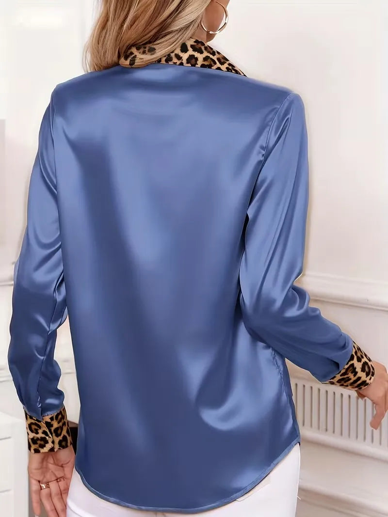 Leopard Collar & Cuff Satin Blouse for Women - White Long Sleeve Button Down Silk-Like Top Office to Evening Chic Shirt blouse