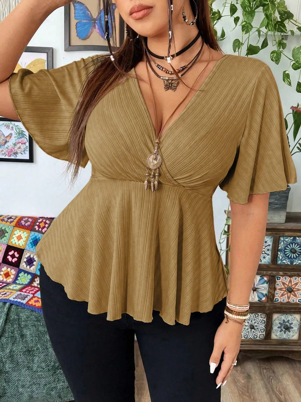 Ribbed Knit Tops Deep V Neck Flutter Sleeve